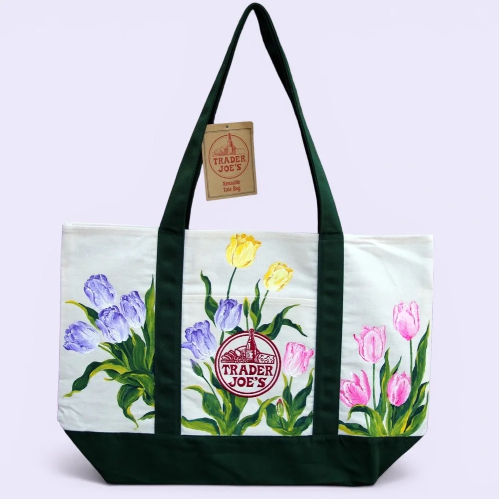 Hand Painted‎ Trader Joe’s Canvas Tote Bag Tulip Design Green Trim Spring Garden